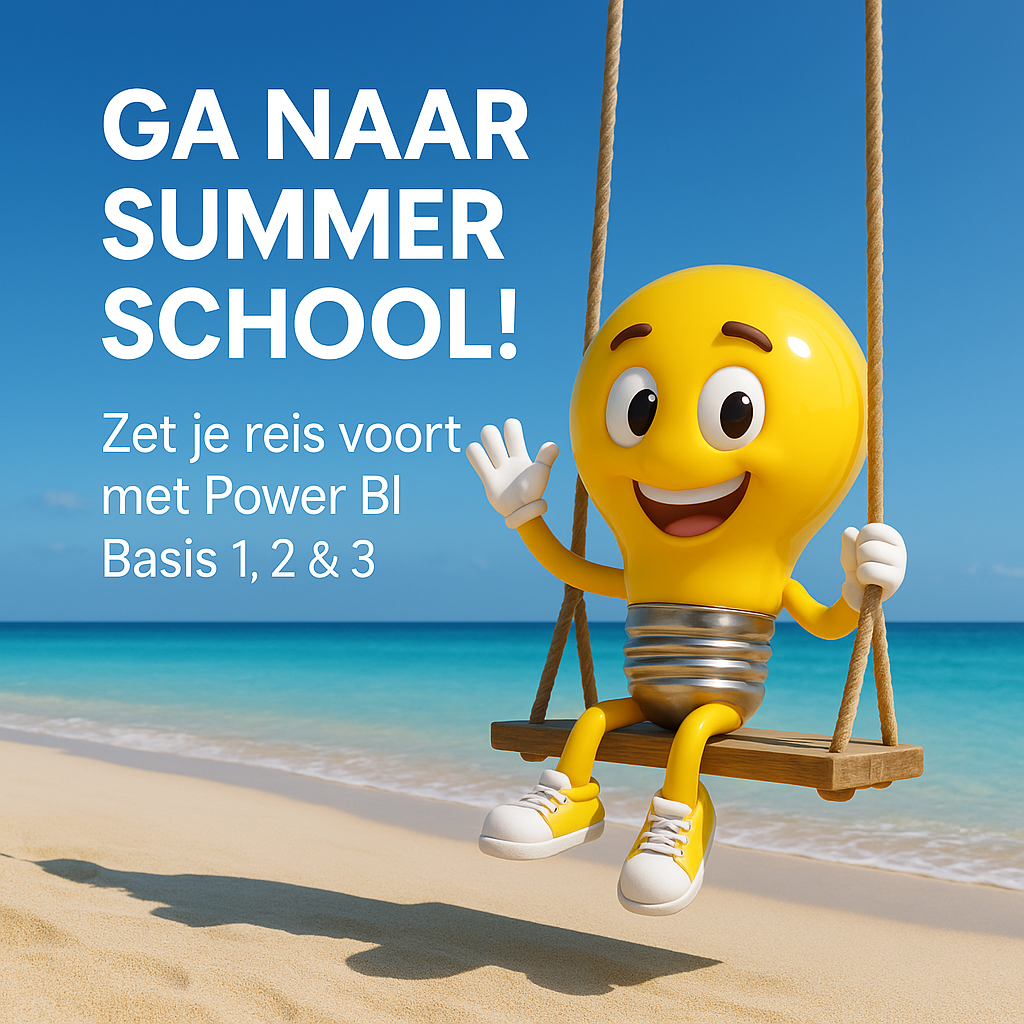 Blije gele gloeilamp op schommel aan het strand met tekst ‘Ga naar Summer School! Zet je reis voort met Power BI Basis 1, 2 & 3