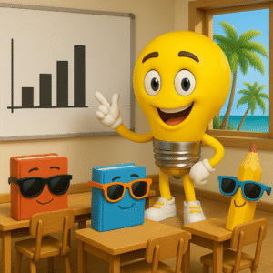 Geanimeerde lichtbolmascotte geeft les over grafieken aan vrolijke boeken en potlood met zonnebrillen, met uitzicht op palmbomen en strand