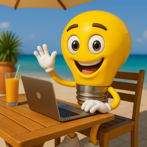 Mascotte in de vorm van een vrolijke gloeilamp werkt met laptop aan het strand tijdens de Get Responsive Summer School