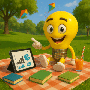 Lichtbolmascotte zit op een picknickkleed in het park, wijst naar een tablet met grafieken en is omringd door boeken en een drankje