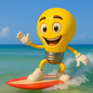 Blije gele lampmascotte surft op een rode plank in zee als symbool voor de zomerse Power BI Summer School van Get Responsive
