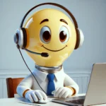Lamppoppetje met ondoorzichtig geel hoofd zit met headset aan laptop voor persoonlijk contactmoment.