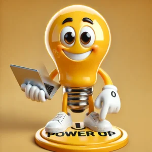Vriendelijke Power BI mascotte met tablet voor e-learning via Power Up platform