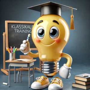 Power BI mascotte in klaslokaal met schoolbord en boeken voor klassikale training