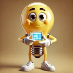 Vrolijk cartoonlampje met geel glazen bolhoofd en vriendelijke Pixar-stijl gezicht, houdt een PowerBI dashboard vast."