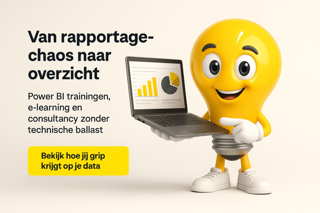 Vriendelijke gele mascotte met laptop toont Power BI dashboard en helpt je van data-chaos naar overzicht
