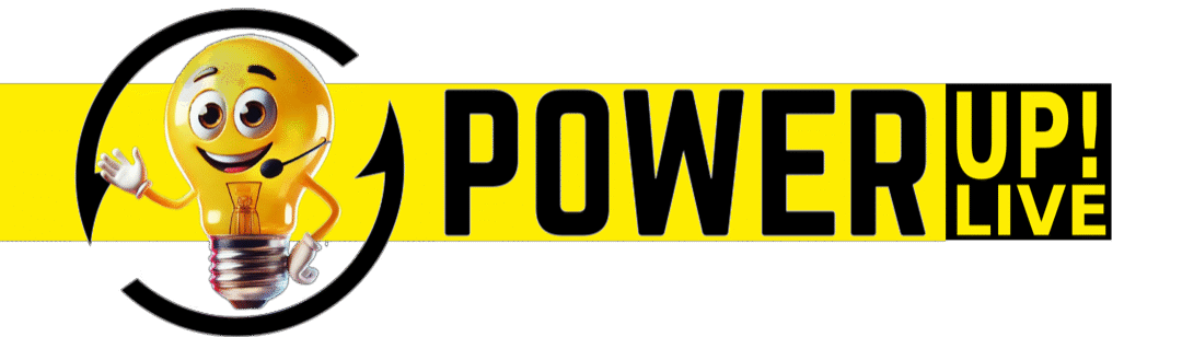 Power Up Live event logo met mascotte van Get Responsive en Power BI thema